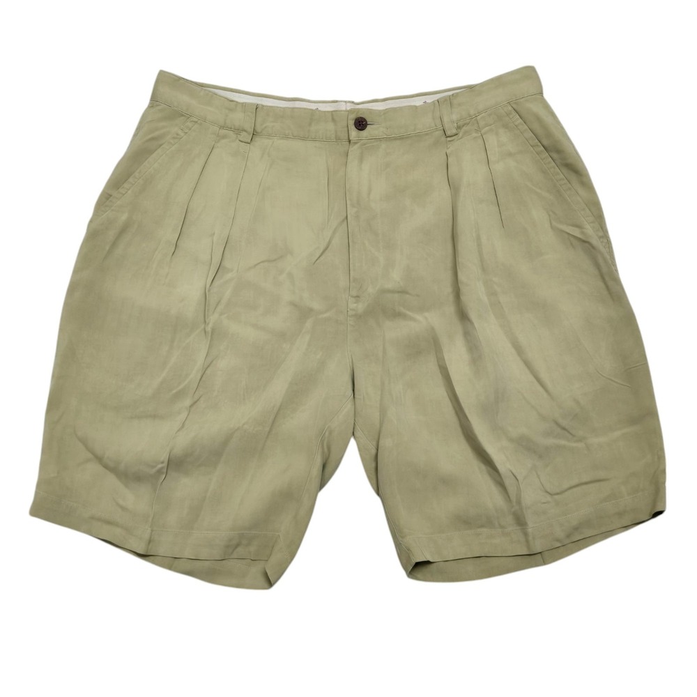 Tommy Bahama Relax 100% Silk Pleated Front Men's Chino Shorts 35x9 Khaki Green